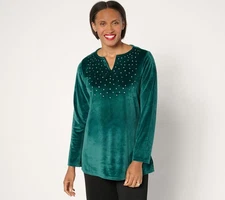 Quacker Factory Sparkle & Shine Split Neck Long sleeve Velour Tunic Top Evergree