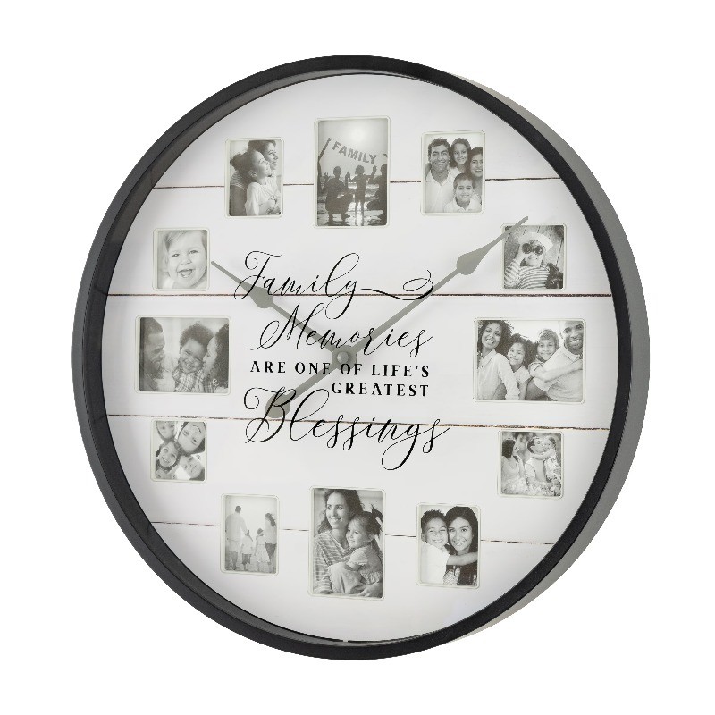 Sterling & Noble 20" Indoor Round Farmhouse Black Photo Frame Analog Wall Clock