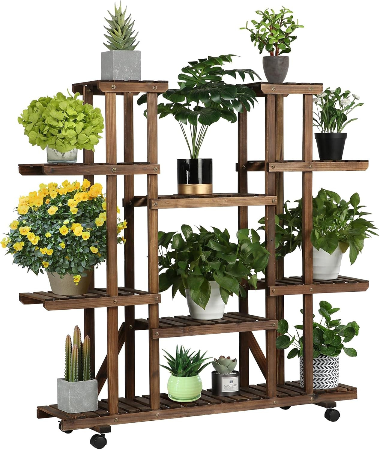 Scaffale Porta Piante Vasi Fiori in Legno Con Ruote 9 Ripiani Da Interno Esterno