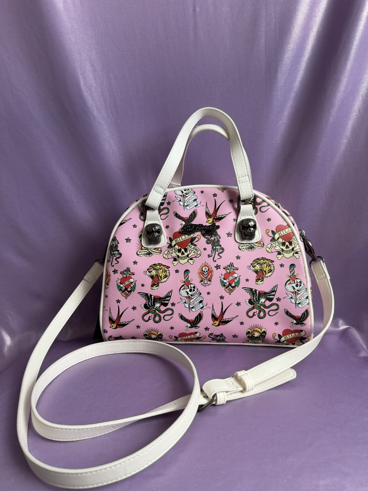 NWT Ed Hardy Tattoo Skull & Roses Print Pink Satchel Crossbody Shoulder Bag
