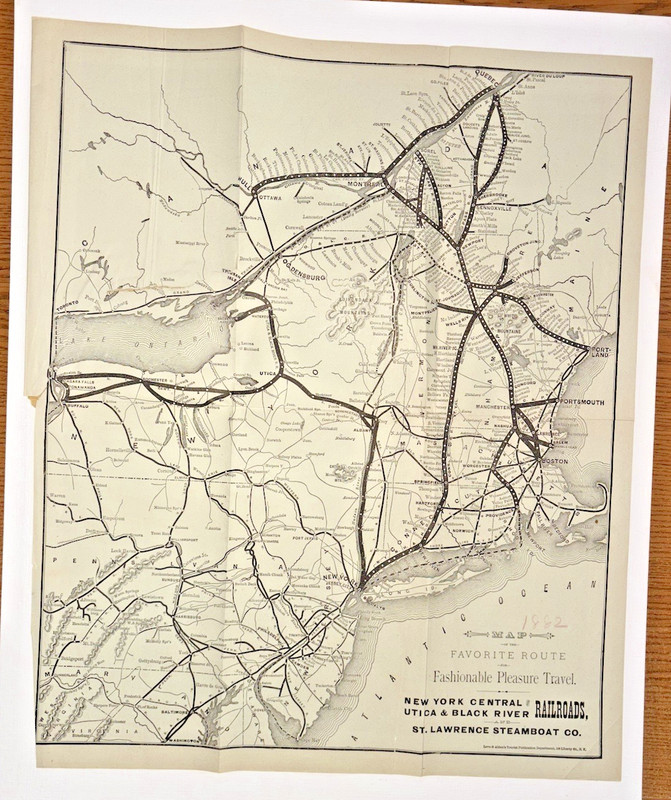 1882 New York Central and Utica & Black River RR & St. Lawrence Steamboat Map