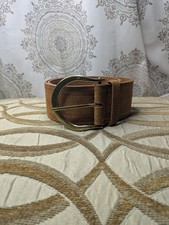 Vtg Tan Suede 2.25" Wide Belt Exposed Stitching Brass Buckle Size 25.5 -31.5