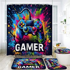 Graffiti Gaming Shower Curtain Sets Teen Boy Bathroom Decor Colorful Game Shower