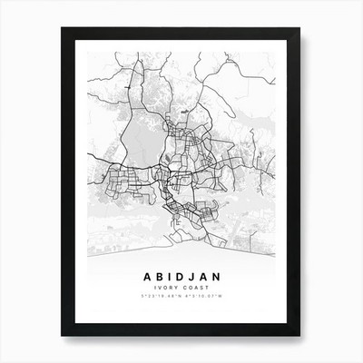 Abidjan Ivory Coast White Map 1 Art Framed Wall Art Poster Canvas Print Picture