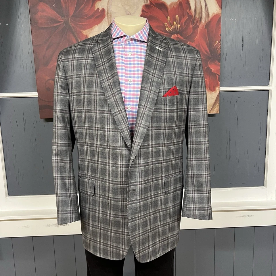 Blazer Tom James Chaqueta Deportiva A Medida Hombres 46R Ajuste A Medida Lana Gris/Rosa Cuadros Foto 2 de 4