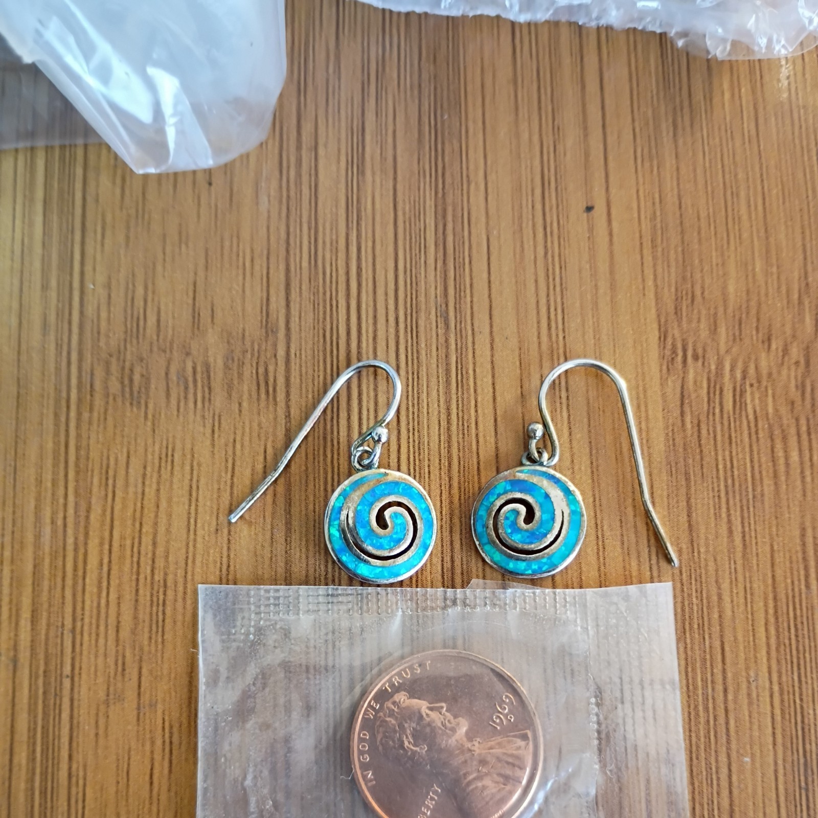 Vintage 925 Sterling Silver Blue Fire Opal Earrings Swirl Spiral