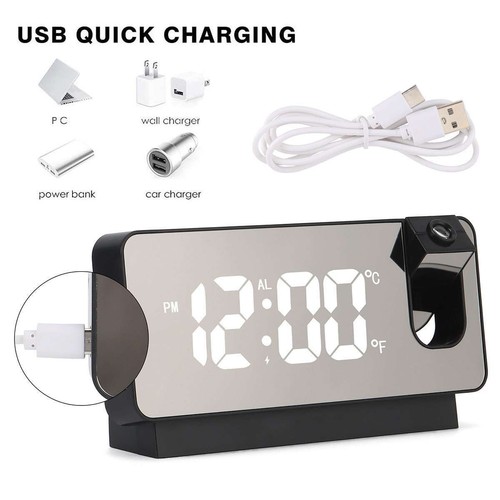 7.3" LED-Projection-Alarm Clock Digital Clock with 180° Projector Snooze Bedside - Picture 12 of 16