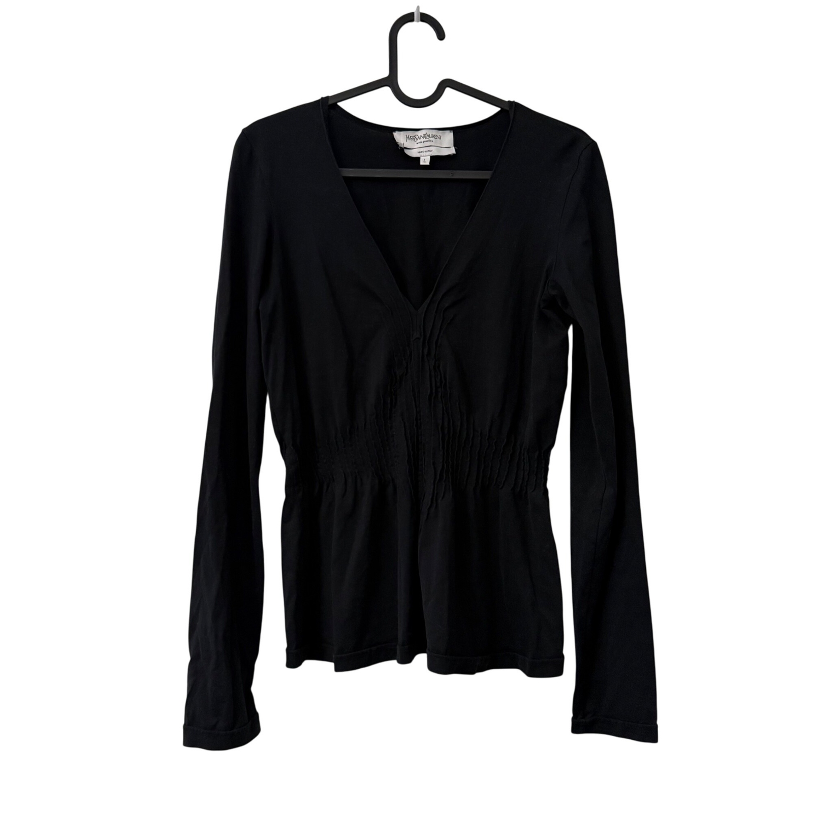 Top donna Yves Saint Laurent nero pintucked fit svasato manica lunga grande