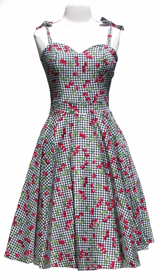 Vestido Swing Bettie Page Cherry Gingham Blanco y Negro a Cuadros Rockabilly Hot Rod Foto 2 de 4