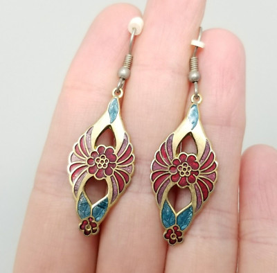 Vintage Floral Enamel Dangle Earrings, Gold Tone Red Blue