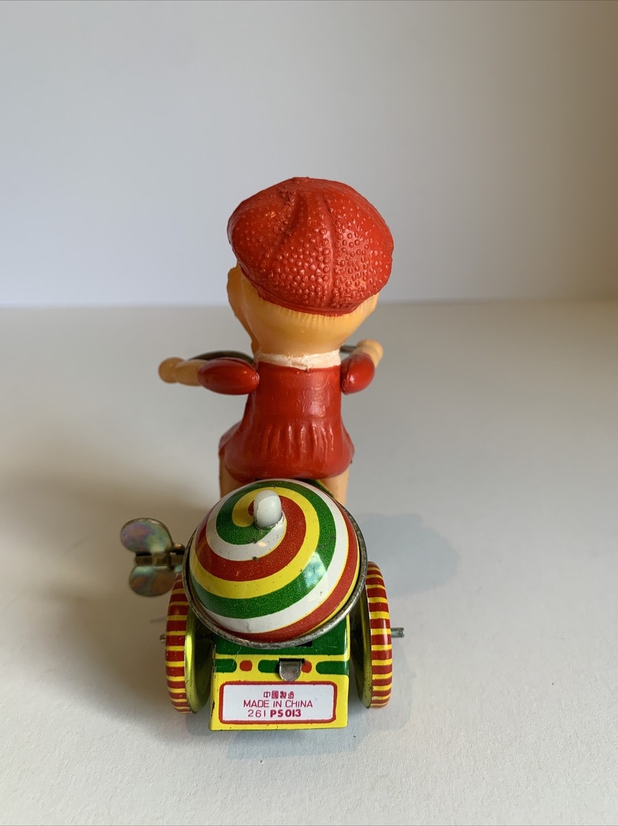 Boy on Ringing Tricycle China Tin & PlasticWind-up Toy Old Vintage