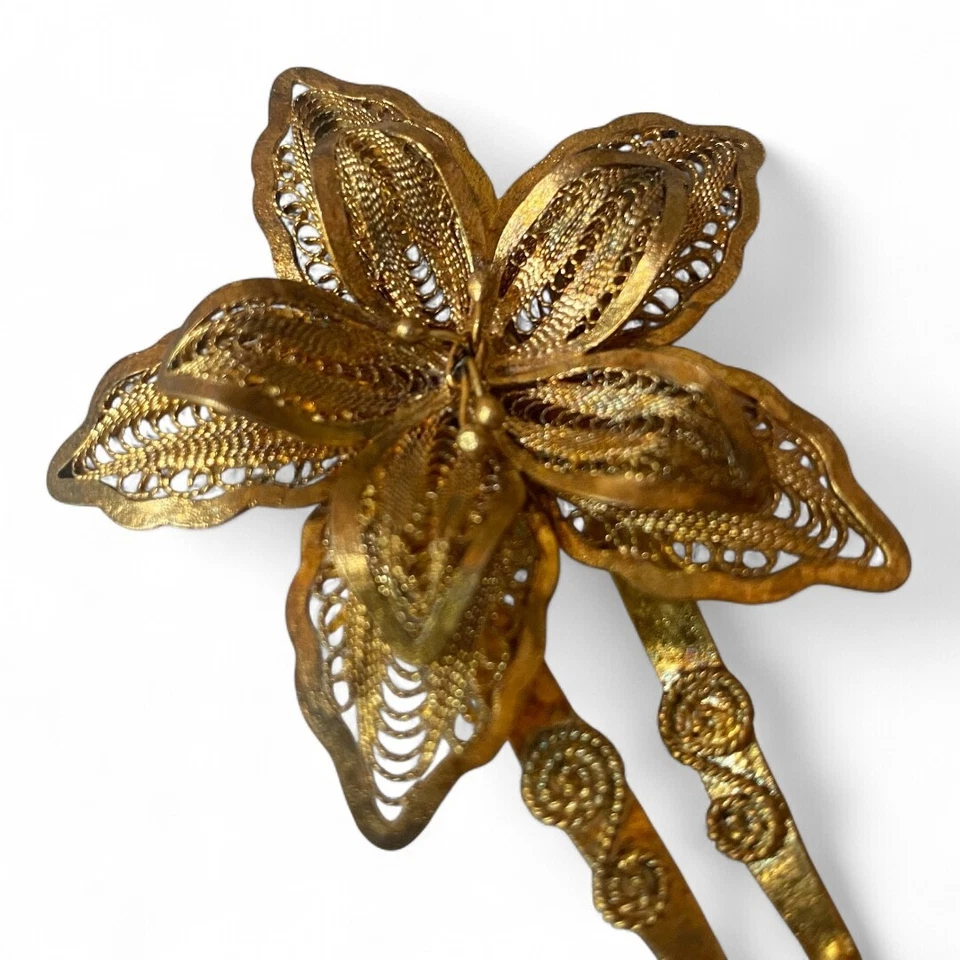 Antigo pente de prendedor de cabelo filigrana floral folheado a ouro 5,5" flor glam dourada real - Imagem 2 de 4