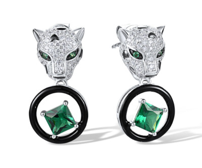 Leopard Earrings 925 Sterling Silver Created Green Spinel CZ Dangling Panther
