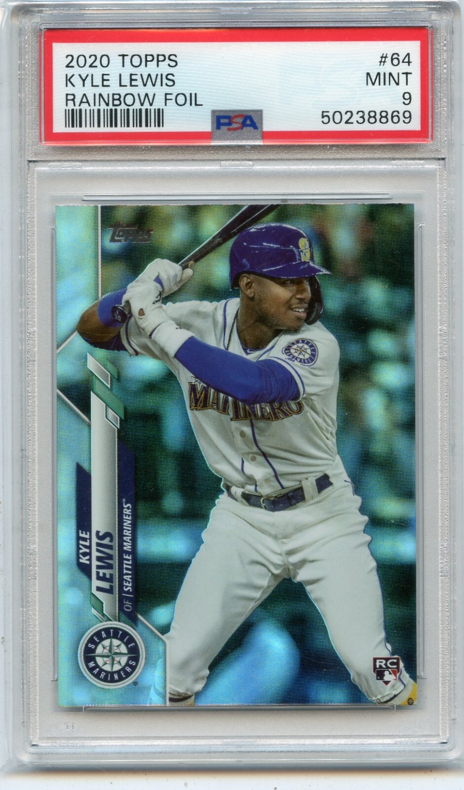 2020 TOPPS #64 KYLE LEWIS "RAINBOW FOIL" ROOKIE RC, MARINERS - PSA 9 MINT (869)