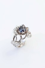 1ct Lab-Created Round Blue Sapphire Ring Flower Leaf Solitaire White Gold Plated
