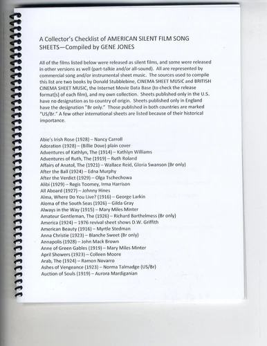 SILENT FILM MOVIE CHECKLIST of Published Piano Sheet Music