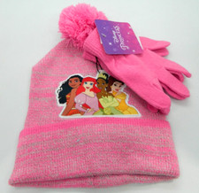 Disney Princess Girls Beanie Hat and Gloves Set Pink One Size Pompon