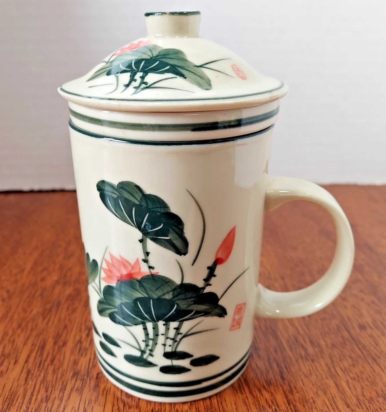 Ceramic Tea Cup w/ Lid & Infuser Strainer Floral Leaf Design Loose Tea
