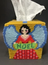 Vintage Christmas Noel ANGEL Plastic Canvas Needlepoint Tissue Box Cover 