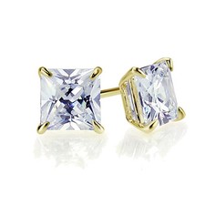 14K Yellow Gold 6mm Square Cubic CZ Basket Set Solitaire Safetyback Stud Earring