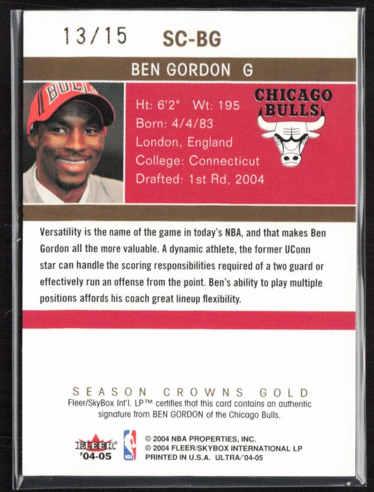2004-05 Fleer Ultra Season Crowns Gold /15 Auto Ben Gordon #SC-BG Bulls - Image 2 of 2