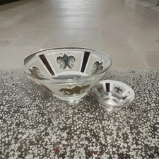 Vintage 60’s Anchor Hocking Gold Fleur De Lis Chip And Dip Bowl Set  