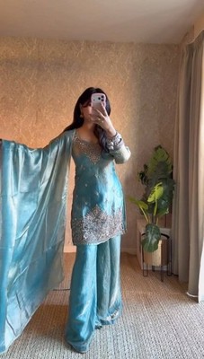New Latest Heavy Silk Sky Blue Top Palazzo With Dupatta For Women Function Wear