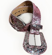 Western 48 Pink Leather Rhinestone Crosses Bling Belt Rodeo Cowgirl Bedazzled