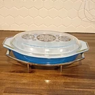 Pyrex Vintage Blue White Glass Oval Divided Casserole Dish Mandala Lid Glossy