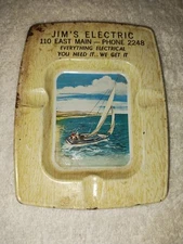 Vintage 50's Tin Metal Advertising Sailboat Ashtray Jim's Electric 4" X 3 3/4"