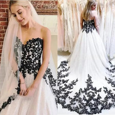 Strapless Sweetheart Black Lace Appliques White Tulle A Line Wedding Dresses