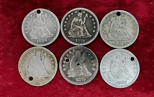 1800's 25c. Seated Liberty Quarter Lot (6) Coin Holed Coins