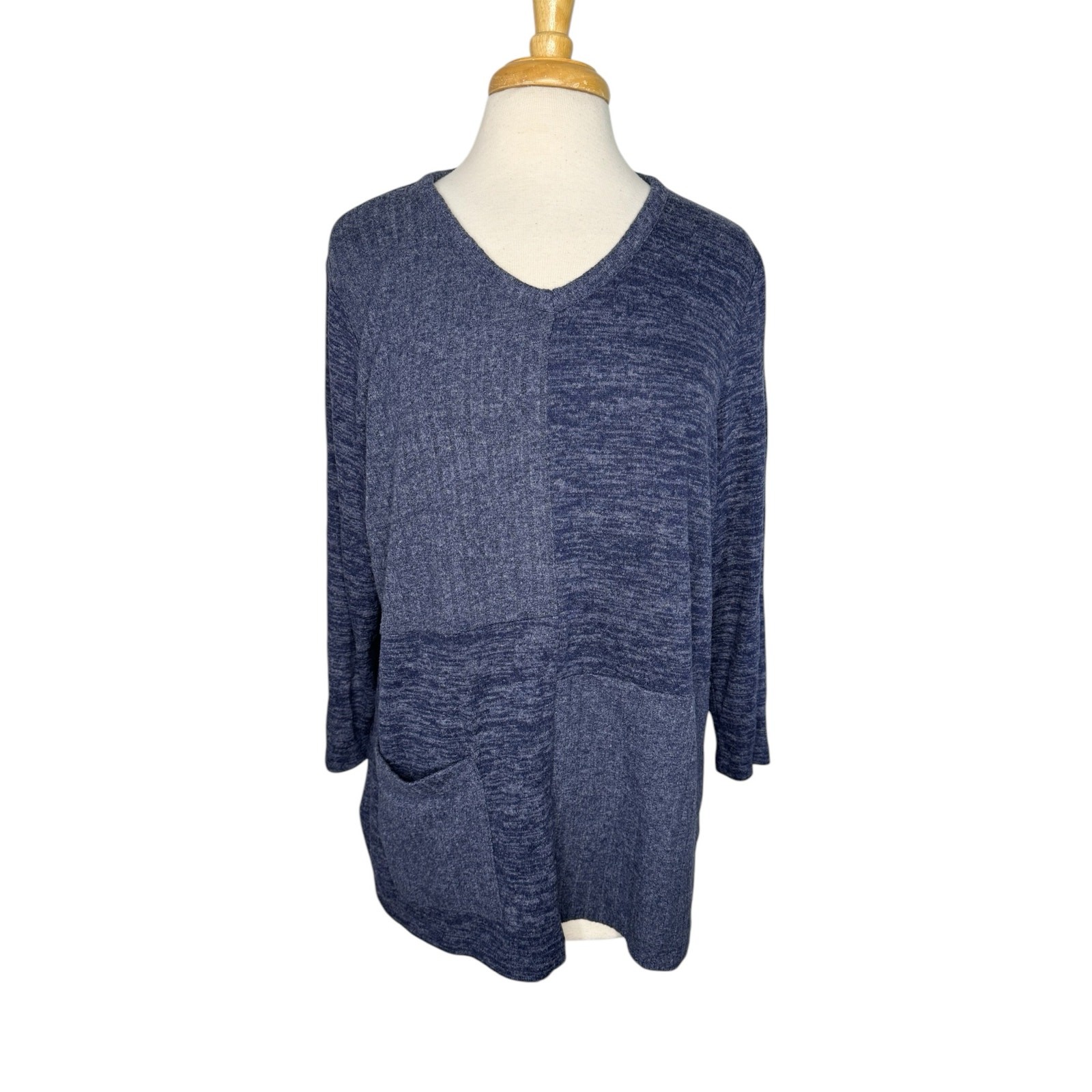 CHICOS Denim Blue Patchwork Knit Pullover Sweater… - image 1