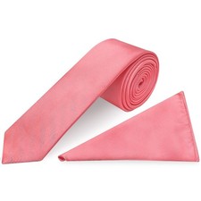 Plain Light Coral Pink Skinny Boys Tie and Pocket Square Set Kids Wedding Prom