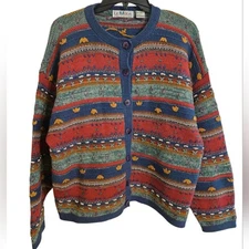 Vintage 90s Le Moda Hand Loomed Knitwear Button Up Cardigan Sweater Striped XL