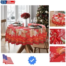 70 Inch Round Christmas Tablecloth, Poinsettia Holiday Table Cloth Wrinkle Re...
