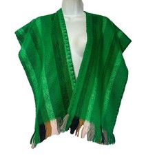 Vintage 1960s Green Striped Wrap Shawl Poncho Fringe OS