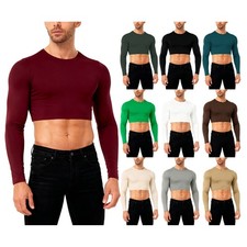 UK Mens Muscle Cropped Tops Crew-neck Long Sleeves Solid-color Basic Undershirts