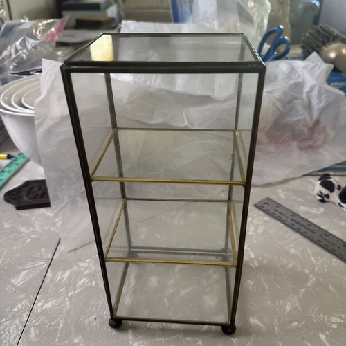 Vtg Miniature Brass & Glass Tabletop 3-Shelf Curio Display Cabinet