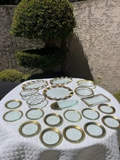 HUGE 21 Piece Set Annieglass Ruffle Trays Platters Plates Bowls 24 Kt Gold Trim