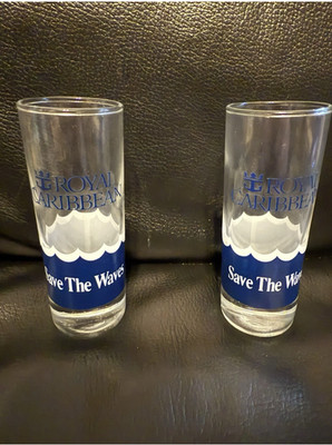 Royal Caribbean~1 Pair~4'' Tall Shot Glasses~''Save The Waves''~NEW~Never Used~Mint