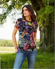 Johnny Was Janie Favorite Jenny Love Crew Floral Tee Shirt Black Medium Boho