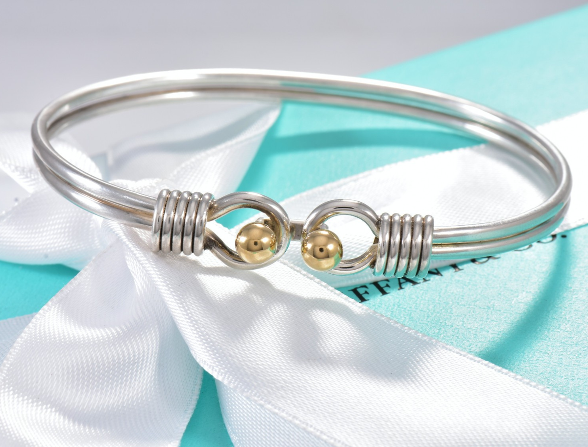 Tiffany & Co Silver 18K Gold Ball Coil Hook Bangle 6.75