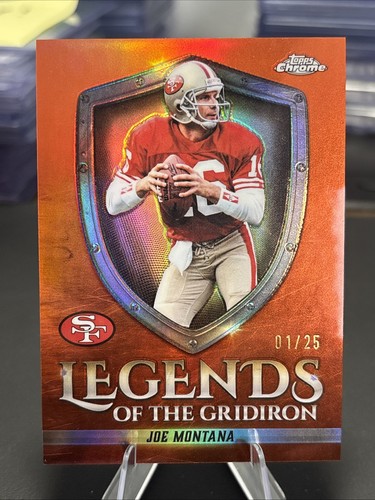 2025 Topps Chrome Joe Montana Legends of the Gridiron Orange Refractor 01 /25