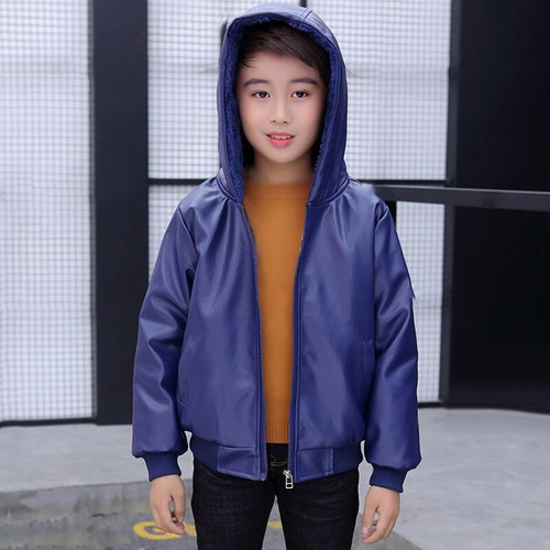 Kids Boys Pu Leather Jackets Thicken Hooded Jacket Motorcycle Boys Biker Coat - Picture 12 of 14