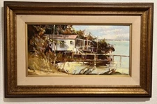 TED GOERSCHNER ORIGINAL OIL PAINTING “Lakeside Camp”- 33x21”