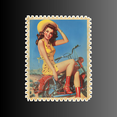 Pinup girl sticker vinyl decal vintage style woman motorcycle postage stamp