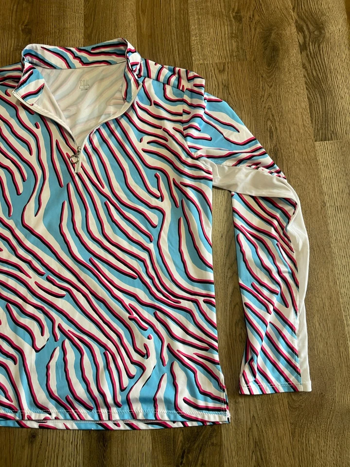 Camisa cauda, feminina tamanho grande, azul branco rosa, manga longa, 1/4 com zíper - Imagem 3 de 4
