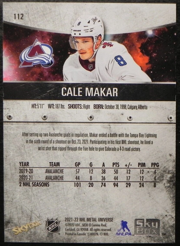 2021-22 21/22 Metal Universe Alternate Jersey Spectrum #112 Cale Makar Avalanche - Image 2 of 2