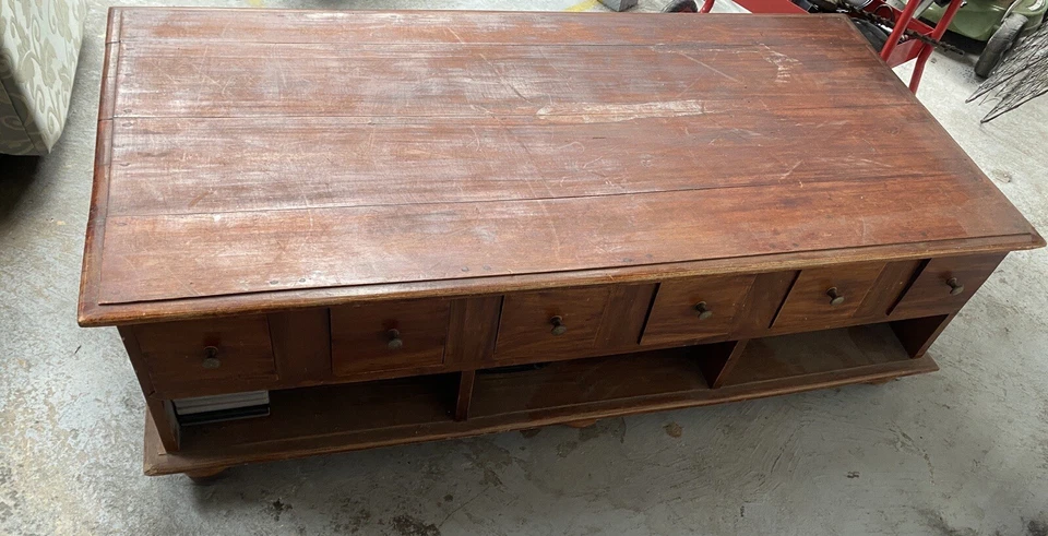 Rustic Wooden Coffee Table With 12 Drawers & Large Metal Handles 150 x 75 x 45cm - image 4 of 4
